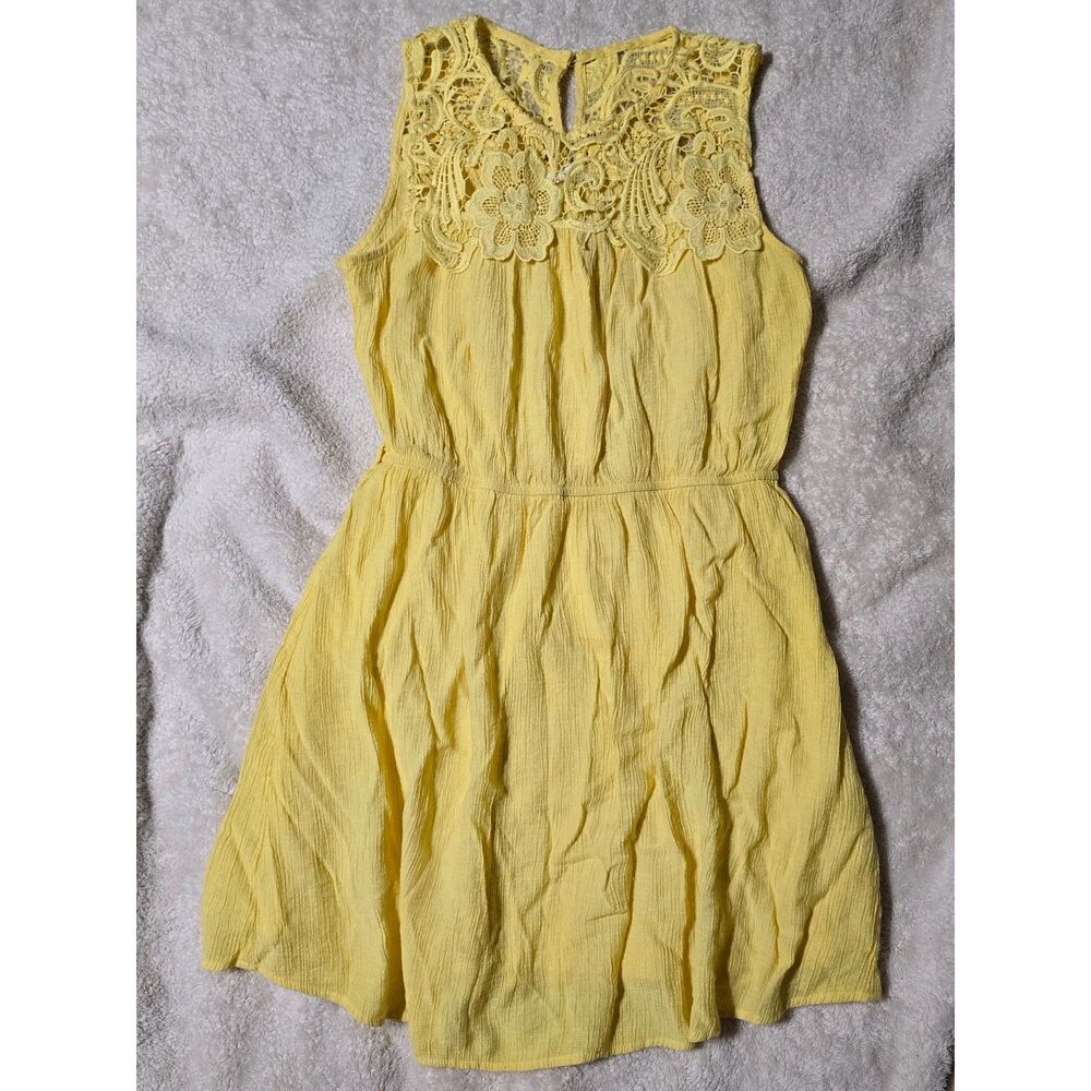 MINE Yellow Floral Crochet Lace Yoke Sleeveless Gauze Dress Size Large